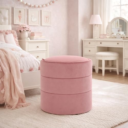 Spatial Order Storage Round Ottoman with Removable Lid (with Hidden Storage) | Spatial Order Home Décor | Upholstered Round Velvet Ottoman – Blush Pink Velvet