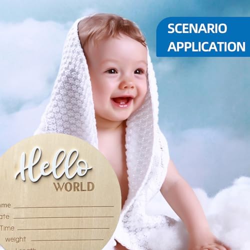 Baby Announcement Sign, 5.9 Inch Wooden Hello World Newborn Welcome Sign, Birth Announcement Sign for Hospital, Newborn Name Sign Plaques for Photo Props Baby Shower Nursery(White)