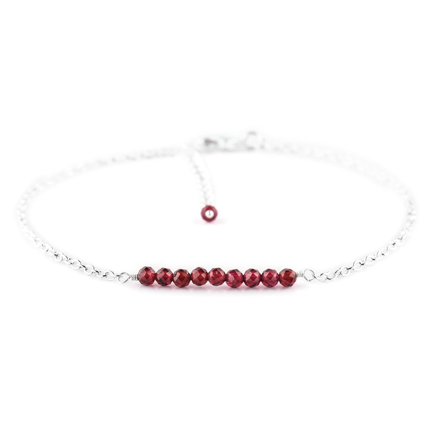 YANARA Garnet Ankle Bracelets for Women, Natural January Birthstone, Red Beads, Boho Chakra Healing Crystals, Dainty Anklet 9"+1.25" inch Silver Plated Adjustable Chain, Valentines Day Gifts For Women