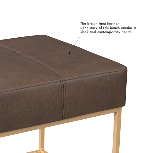 Homepop Decorative Large Square Gold Metal Ottoman | Ottoman Stool for Living Room & Bedroom | Decorative Home Furniture (Brown Faux Leather)