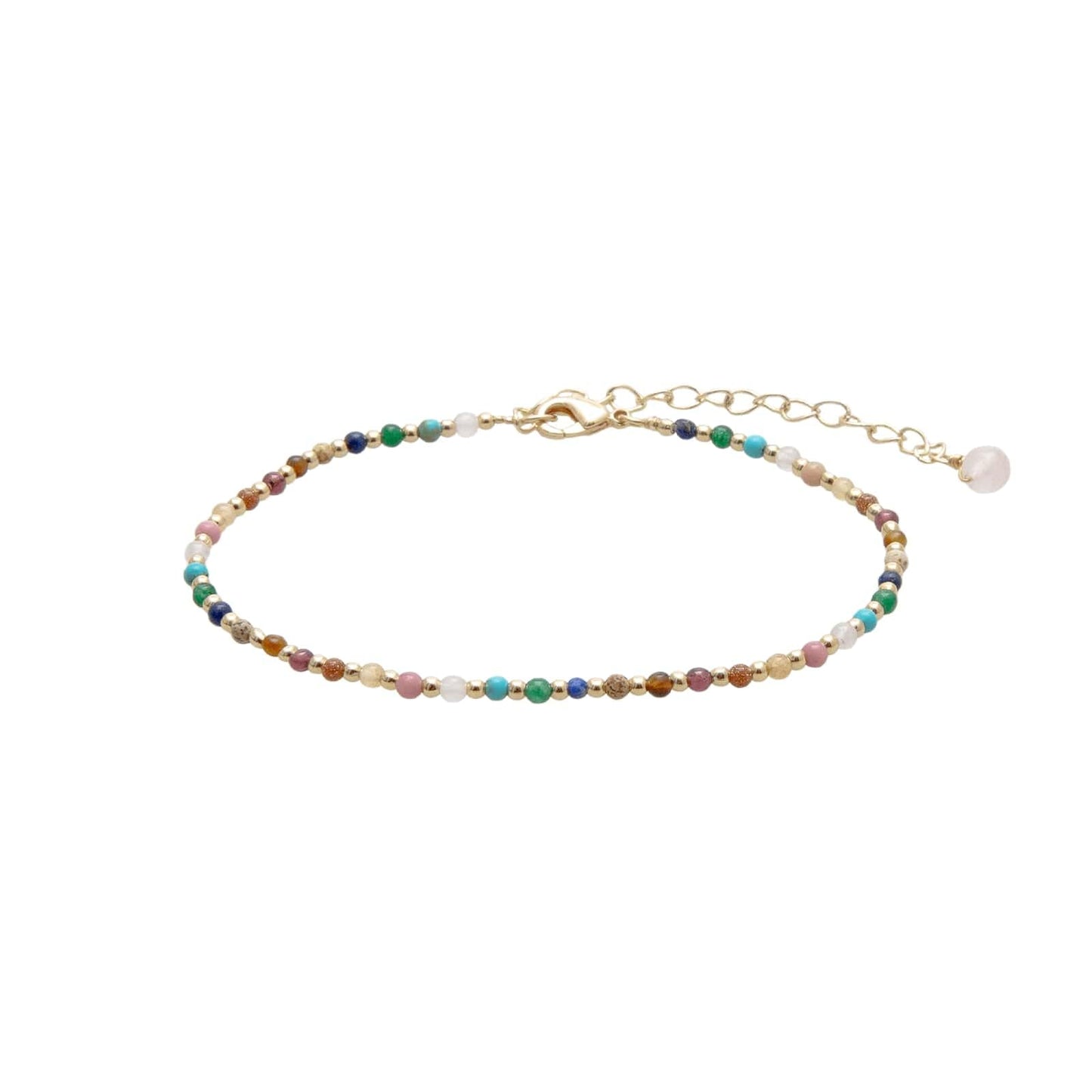 Lotus and Luna 2MM Master Healer Energy Chakra Healing Dainty Anklet with Real Stones Jade, Pearl, Rose Quartz, Amethyst, Moonstone (Yellow Gold)