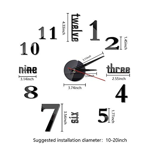 Hxezoc 10inch-20inch Frameless DIY Wall Clock Black 3D Mute Round Shape Quartz Wall Clock Sticker DIY Wall Decoration for Home Living Room Bedroom Office Classroom