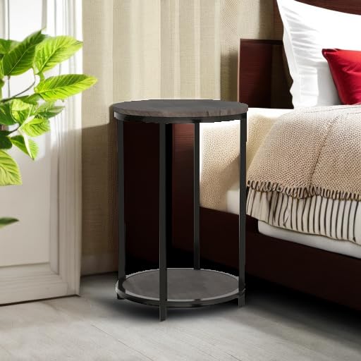 NSdirect Round Side Table,16in Rustic Wooden End Table Surface Top & Sturdy Metal Legs Nightstand for Living Room Bedroom Farmhouse Sofa Table with Storage Open Shelf,Light Walnut