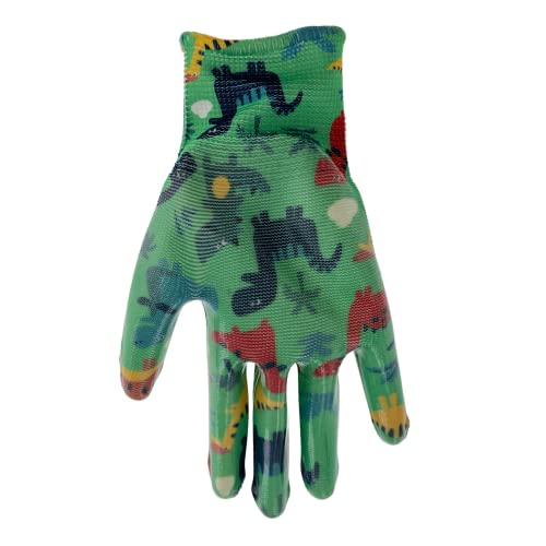 Simply MUD Kids (ages 5-8) Garden Gloves, Nitrile Coating, Lightweight, High Dexterity, Moisture Wicking, Green/Dino Pattern (MD31041M)