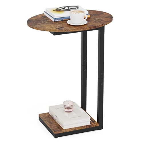 Hosfais Side Table Small End Table, C-Shaped Wood Sofa Table with Metal Frame for Living Room, Bedroom, Small Spaces (Rustic Brown)