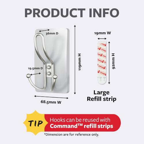 Command X-Large Satin Nickel Triple Hook, 1 Hook, 3 Strips, Damage-Free Hanging with Adhesive Strips, No Tools Wall Hook for Hanging Decorations in Living Spaces