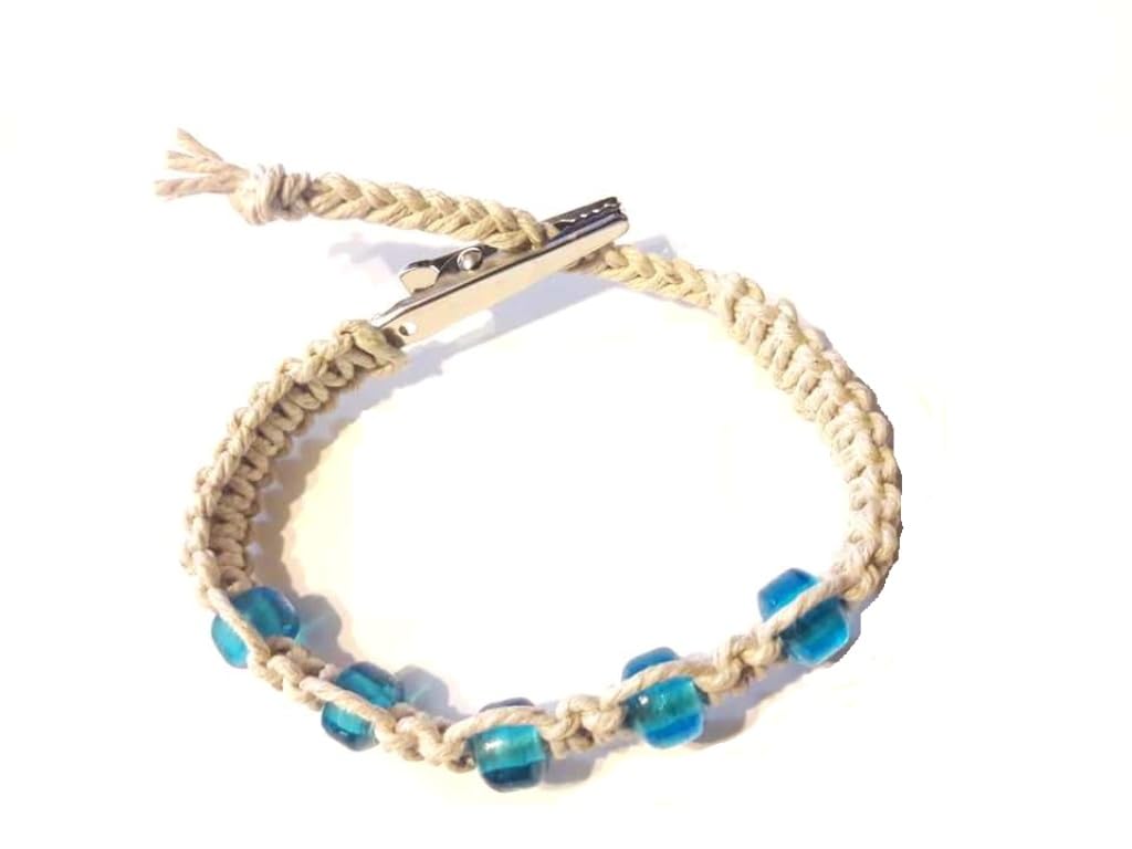 Hempnotic Jewelry Boho Hippie Light Blue Beaded Adjustable Alligator Clip Hemp Bracelet - Handmade