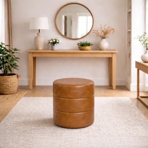 HomePop Upholstered Faux Leather Round Ottoman (No Lid, Seat Only) | HomePop Home Décor | Round Pouf Foot Rest – Camel Brown Faux Leather