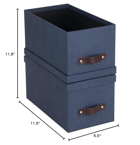 Bigso Silvia Organizational Storage Box with Leather Handle for Shelves and Stacks Easily - Durable and Decorative Storage Boxes with Lids - 5.9 in x 6.5 in x 11.6 in - 2 Pack - Blue