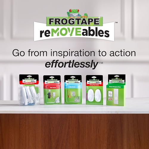 FrogTape reMOVEables Heavy Duty Wall Hooks - 8 Hooks and 12 Strips - Holds up to 3 lbs - No Damage - Easy to Remove & Reuse - Medium Wall Hook with Adhesive Strips - White (Pack of 8)