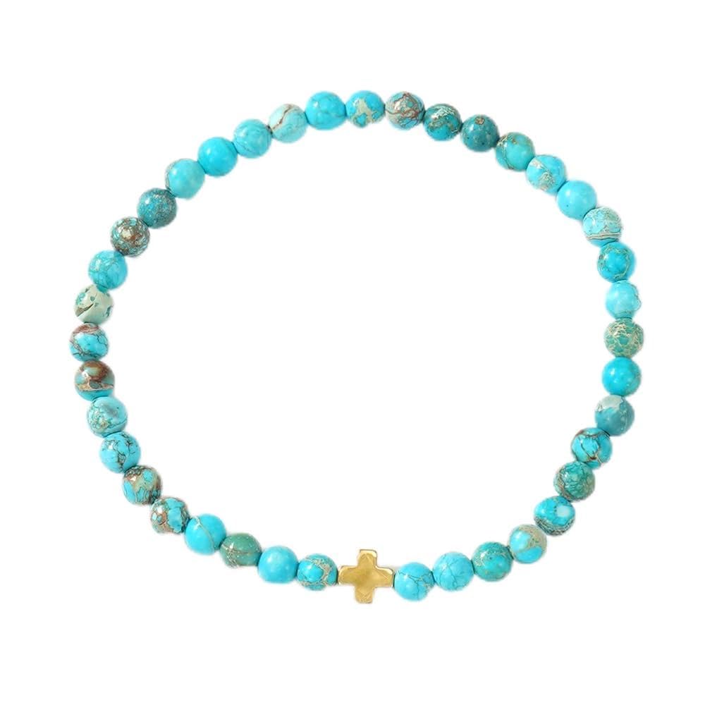 SHINUS BOHO Dainty Cross Healing Crystal Beaded Stretch Bracelet for Women,Handmade Bohemian Powful Turquoise Stones Claming Bracelet Trendy Birthday Christian Catholic Jewelry Gift Sister Friendship