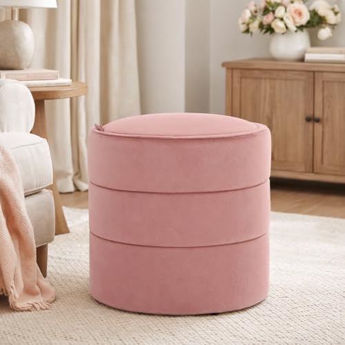 Spatial Order Storage Round Ottoman with Removable Lid (with Hidden Storage) | Spatial Order Home Décor | Upholstered Round Velvet Ottoman – Blush Pink Velvet