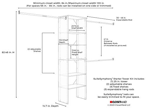 ClosetMaid SuiteSymphony Wood Closet Organizer System, 25-Inch Starter Kit with Tower and 3 Hang Rods and Shelving, Adjustable Shelves, Customizable Insert, Reach-in or Walk-in Closets, Pure White
