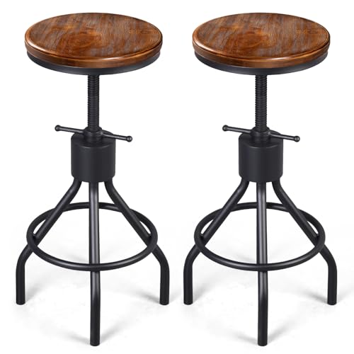 LOKKHAN Set of 2 Industrial Bar Stool-Height Adjustable Swivel Wood and Metal Bar Stool,Farmhouse Stool,Extra Tall Pub Height,23"-29"