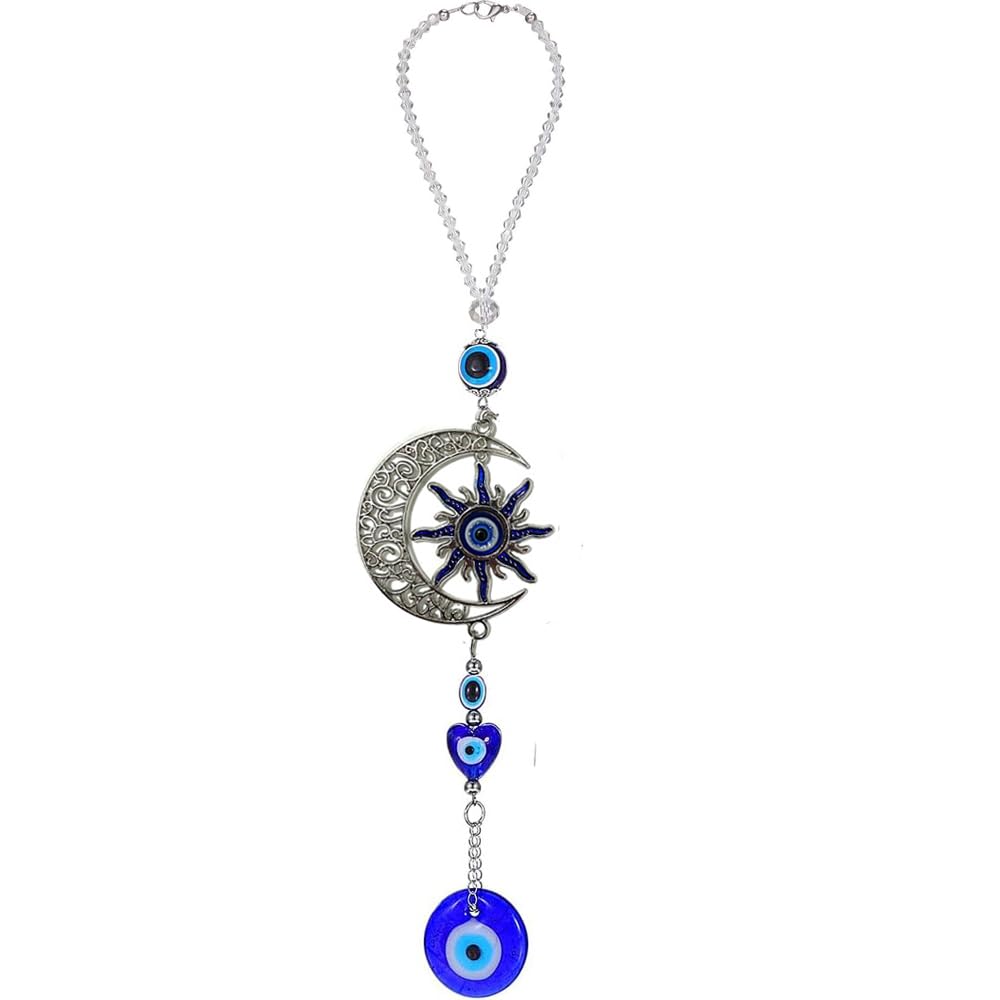 Sun and Moon Blue Evil Eye Wall Hanging, Crystal Hanging Ornament for Car Home Decor (1, Blue Eye Hanging)