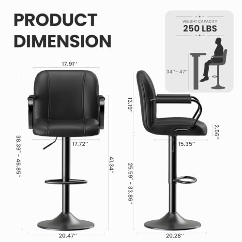 MALOL Set of 2 Modern Bar Stools with Backs - Adjustable High Chairs for Kitchen Island, Barstools for Home Bar, Island Stools, Sillas Altas para Barra de Cocina, Black PU Leather