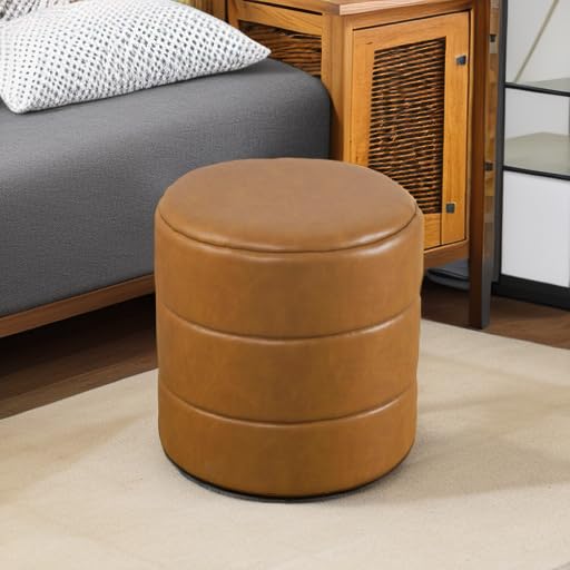 HomePop Upholstered Faux Leather Round Ottoman (No Lid, Seat Only) | HomePop Home Décor | Round Pouf Foot Rest – Camel Brown Faux Leather