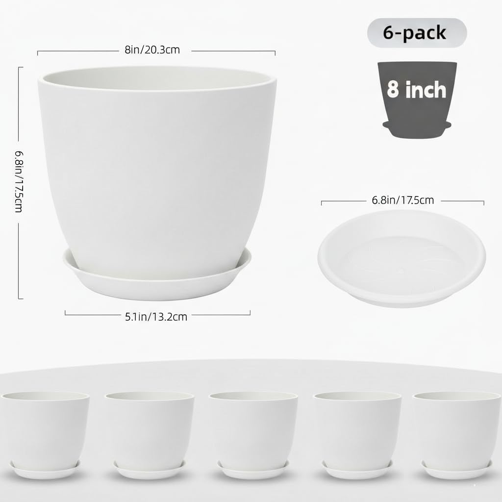 Vanslogreen Plant Pots 8 Inch Set of 6, Flower Pots with Drainage Holes and Saucer, Plastic Garden Planters for Indoor & Outdoor Plants (White)