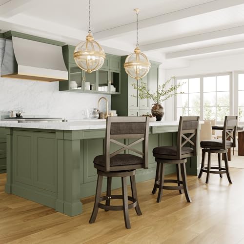 DTY Indoor Living Meeker 24 Inch Counter Height Bar Stools with Backs - Wooden Swivel Counter Stools for Kitchen Island - Charcoal Fabric Seat, Solid Wood Frame, Weathered Gray Finish