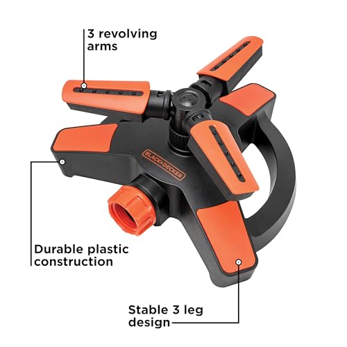 Black + Decker® 3-Arm Adjustable Sprinkler – 360° Coverage, Customizable Spray, 1,216 Square Foot Coverage BD8428