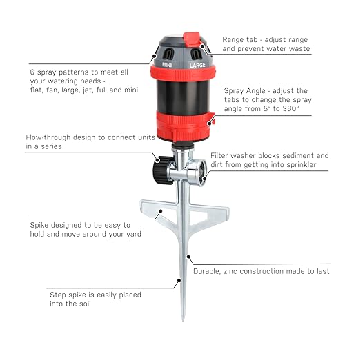 Eden 94144 6-Pattern Rotary Gear Drive Sprinkler with Step Spike Gear Drive, Heavy Duty, Gardening Watering System, Garden&Lawns, Multi Pattern, Coverage up to 5278sq.ft