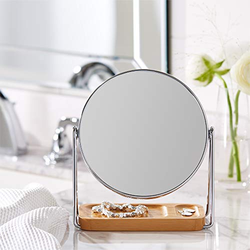 Amazon Basics Vanity Round Tabletop Mirror with 360° Rotation, Double Sided 1x/5x Magnification, Chrome Finish, Squared Bamboo Tray, 7.2"L x 3.35"W