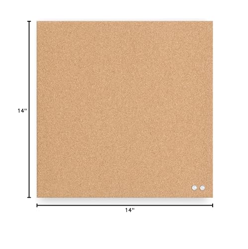 U Brands Frameless Square Cork Bulletin Board, Office Supplies, 14” x 14”, Natural, with Push Pins, 1 Count
