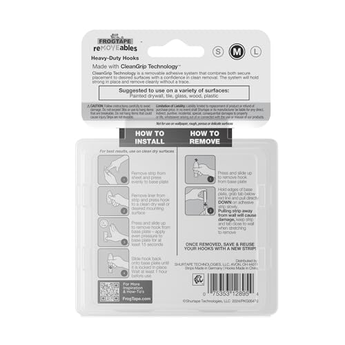 FrogTape reMOVEables Heavy Duty Wall Hooks - 8 Hooks and 12 Strips - Holds up to 3 lbs - No Damage - Easy to Remove & Reuse - Medium Wall Hook with Adhesive Strips - White (Pack of 8)
