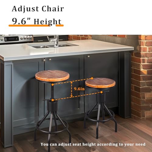LOKKHAN Set of 2 Industrial Bar Stool-Height Adjustable Swivel Wood and Metal Bar Stool,Farmhouse Stool,Extra Tall Pub Height,23"-29"