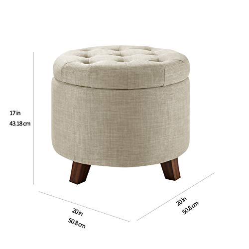 Amazon Basics Round Storage Ottoman Foot Rest, Button Tufted Upholstered Footstool with Storage, Sturdy Linen Fabric for Living Room and Bedroom, 20" x 17", Beige
