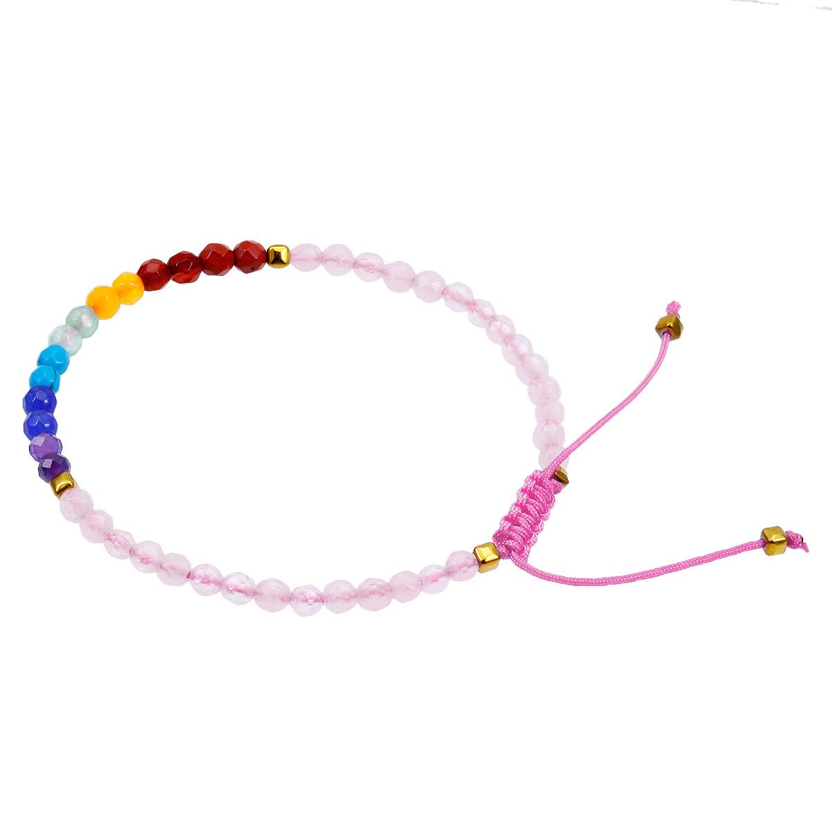 TUMBEELLUWA Beads Bracelets Faceted Stone 7 Chakra 4mm Healing Crystal Bracelet Adjustable Handmade Jewelry for Women,Rose Quartz