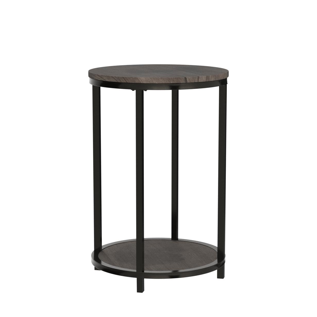 NSdirect Round Side Table,16in Rustic Wooden End Table Surface Top & Sturdy Metal Legs Nightstand for Living Room Bedroom Farmhouse Sofa Table with Storage Open Shelf,Light Walnut