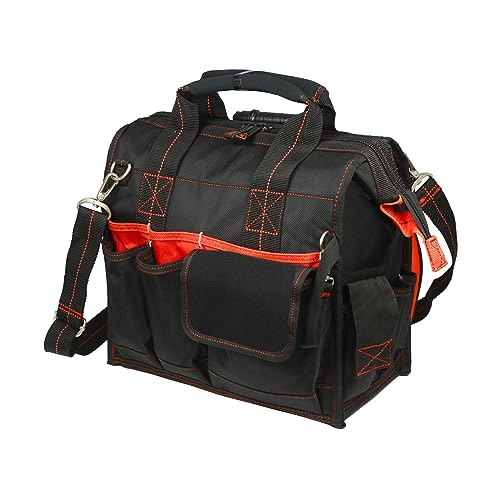 Hultafors Work Gear HTL573 Lighted Technician's Tool Bag, 55 Pockets, Heavy Duty Ballistic Polyester Tool Carrier, Adjustable Swivel Light, Large Center Compartment
