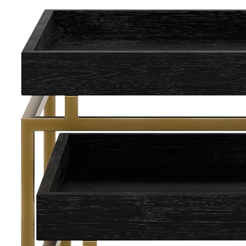 SIMPLIHOME Macy SOLID MANGO WOOD and Metal 20 inch Wide Rectangle Contemporary 2 Pc Nesting Table in Black, Gold, Fully Assembled for the Living Room and Bedroom