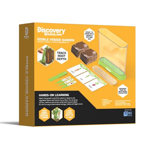 Discovery™ Edible Veggie Garden Watch-It-Grow Kit – DIY STEM Activity for Kids | Grow Carrots, Radishes & Onions| 11-Piece Science Kit with Seeds, Potting Mix & Root Tracker| Learning Toy Gift Ages 6+