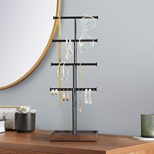 Amazon Basics Four-Tier Jewelry Organizer Tree Stand, Necklace Earring Bracelet Holder with Ring Storage, Walnut/Black