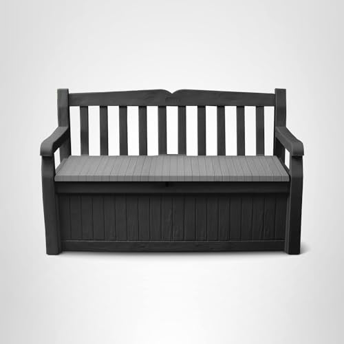 Keter Solana 70 Gallon Storage Bench Deck Box for Patio Furniture, Front Porch Decor and Outdoor Seating – Perfect to Store Garden Tools and Pool Floats, Graphite