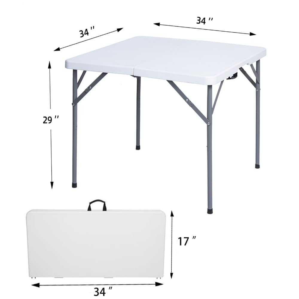 Lakhow 34" Square Folding Table, Fold-in-Half Utility Dining Portable Table Heavy Duty HDPE Plastic Foldable with Carrying Handle Indoor Outdoor for Picnic, Party