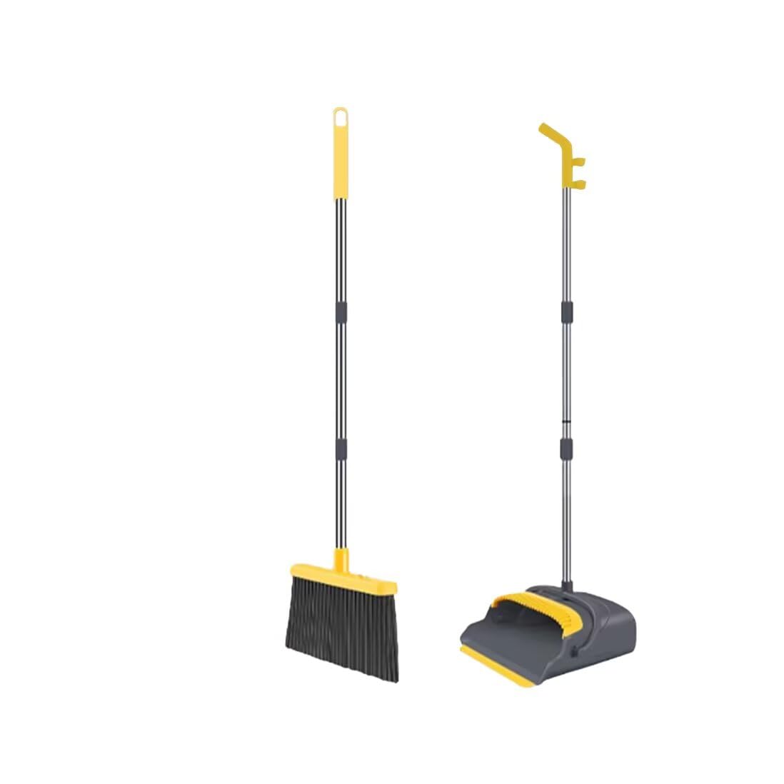 Broom and Dustpan Set with Long Handle - Upright Dustpan & 3 Rows Dense Bristles, Ideal for Home, Office, Kitchen, Lobby, Shop, All-Purpose Indoor & Outdoor Sweeping,Gray&Yellow