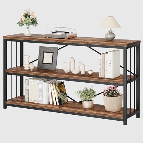 LVB Industrial Console Entryway Table, Metal Wood Rustic Sofa Table with Storage, Farmhouse 3 Tier Shelf Long Hallway Foyer Entry Tables Behind Couch for Home Living Room Entryway, Rustic Brown, 55 In