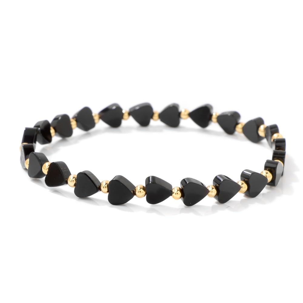 Heart Black Obsidian bracelet for Women Men 18k gold plated Beads Natural Stone Healing Real Crystal Stretch bracelet Gemstone Onyx bracelets Obsidian Jewelry for Women Men Mom Girlfriend (Black Obsidian)