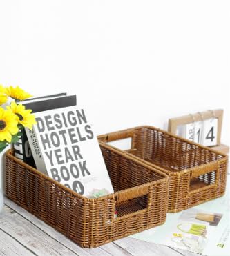 ANQIAOS Plastic Storage Baskets for Shelves and Cabinets, Pantry Baskets Organization and Storage, Wicker Storage Baskets for Organizing, Water-Resistant and Durable(Set of 2, Dark Brown)
