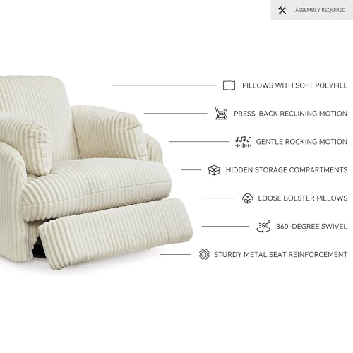 Signature Design by Ashley Tie-Breaker Cozy Contemporary Manual Press-Back Swivel Glider Rocker Recliner with 2 Bolster Pillows and Hidden Storage, White