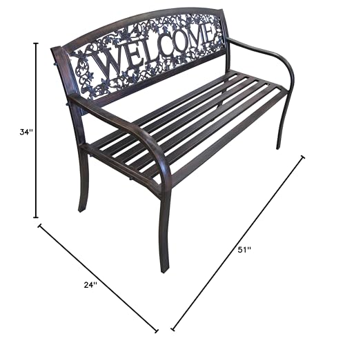 Leigh Country Metal Outdoor Bench, Welcome Design, Decorative Patio Seating for Porch/Deck