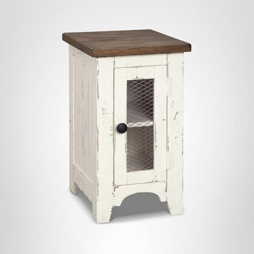 Signature Design by Ashley Wystfield Farmhouse Chair Side End Table with Cabinet Door for Storage, White & Brown with Distressed Finish