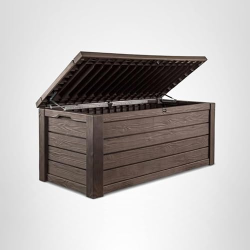 Keter Westwood 150 Gallon Deck Box Organizer, Doubles as 2-Person Bench Seat, Brown – Large Resin Outdoor Storage and Seating with Lockable Lid for Garden, Pool, and Patio