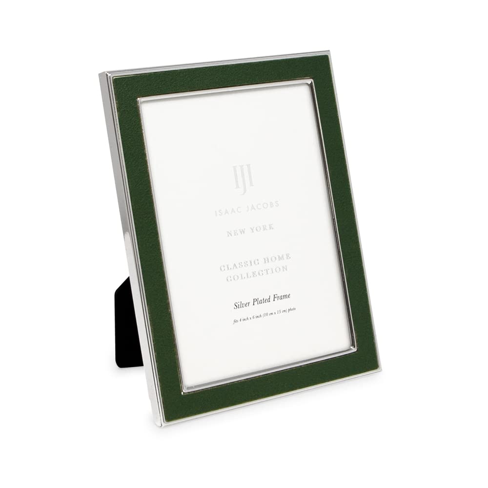 Isaac Jacobs 4x6 Olive Leather with Silver Metal (Vertical & Horizontal) Picture Frame, Suede Border w/Black Fabric Easel, Wall-Mountable, Made For Tabletop, Photo Gallery (4x6, Olive W/Silver)