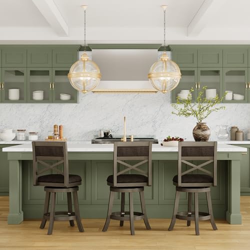 DTY Indoor Living Meeker 24 Inch Counter Height Bar Stools with Backs - Wooden Swivel Counter Stools for Kitchen Island - Charcoal Fabric Seat, Solid Wood Frame, Weathered Gray Finish