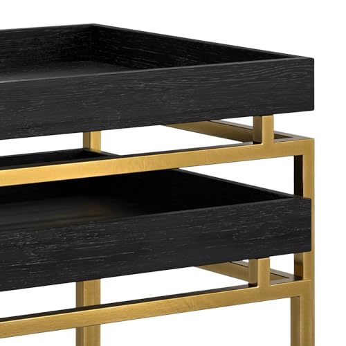 SIMPLIHOME Macy SOLID MANGO WOOD and Metal 20 inch Wide Rectangle Contemporary 2 Pc Nesting Table in Black, Gold, Fully Assembled for the Living Room and Bedroom