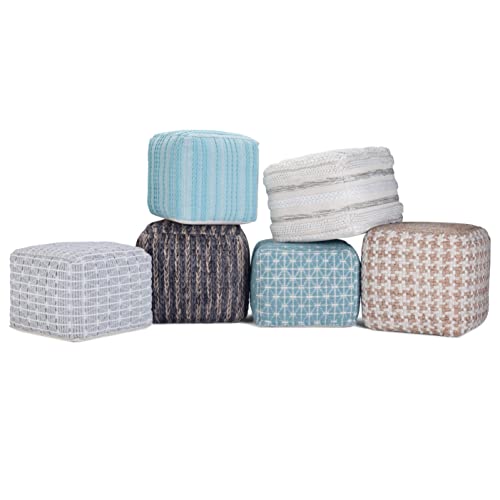 SIMPLIHOME Noreen Square Pouf - 18 inch Wide Upholstered Handwoven Cotton Ottoman in Light Blue and White, Boho Footstool or Extra Seating for Living Room with Polystyrene Filling, Assembled